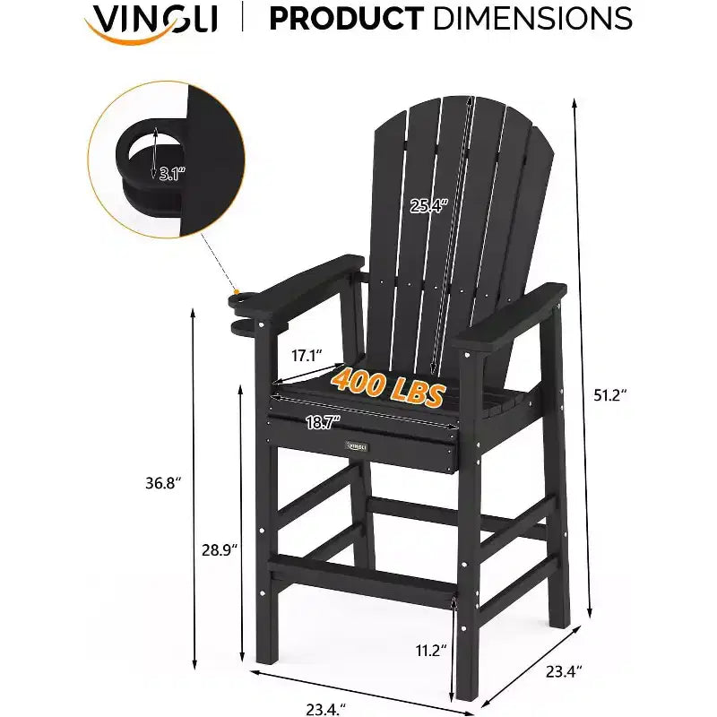 Chaise Adirondack haute VINGLI, Chaise Adirondack en plastique tous temps avec porte-gobelet, Tabourets de bar d'extérieur robustes