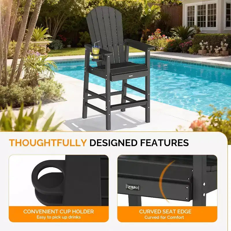 Chaise Adirondack haute VINGLI, Chaise Adirondack en plastique tous temps avec porte-gobelet, Tabourets de bar d'extérieur robustes