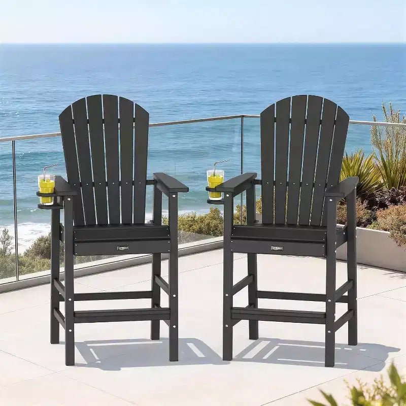 Chaise Adirondack haute VINGLI, Chaise Adirondack en plastique tous temps avec porte-gobelet, Tabourets de bar d'extérieur robustes