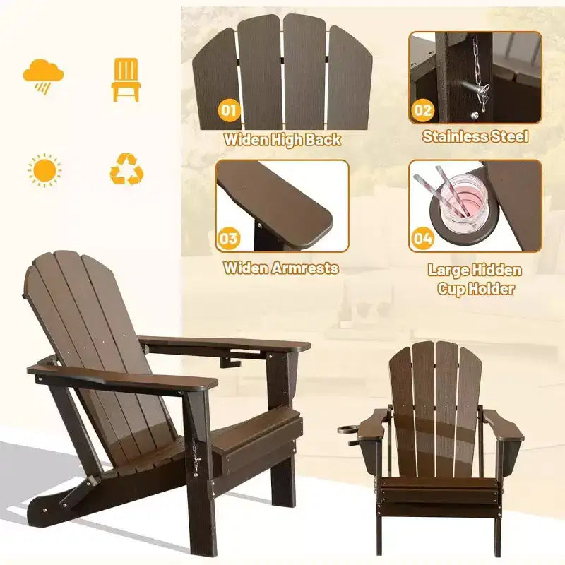 Set di 2 sedie Adirondack con portabicchieri, sedie Adirondack pieghevoli in plastica, sedie da esterno per tutte le stagioni per cortile, a bordo piscina-Panipeachy