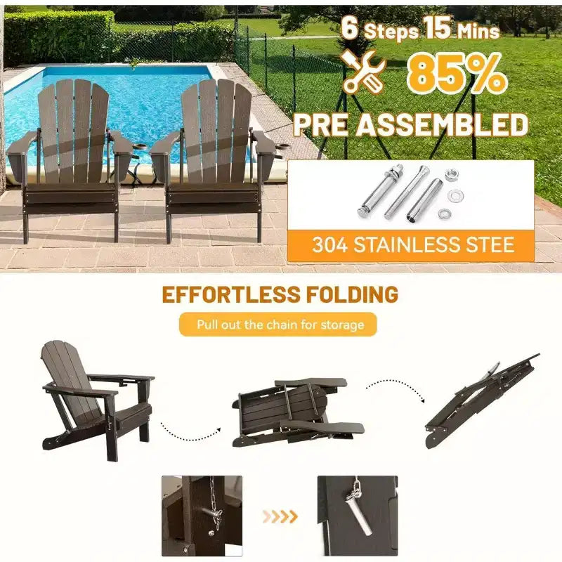Set di 2 sedie Adirondack con portabicchieri, sedie Adirondack pieghevoli in plastica, sedie da esterno per tutte le stagioni per cortile, a bordo piscina-Panipeachy