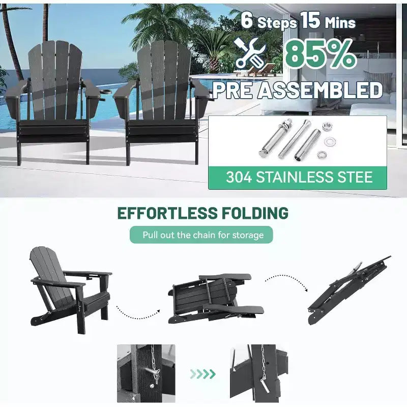 Set di 2 sedie Adirondack con portabicchieri, sedie Adirondack pieghevoli in plastica, sedie da esterno per tutte le stagioni per cortile, a bordo piscina-Panipeachy
