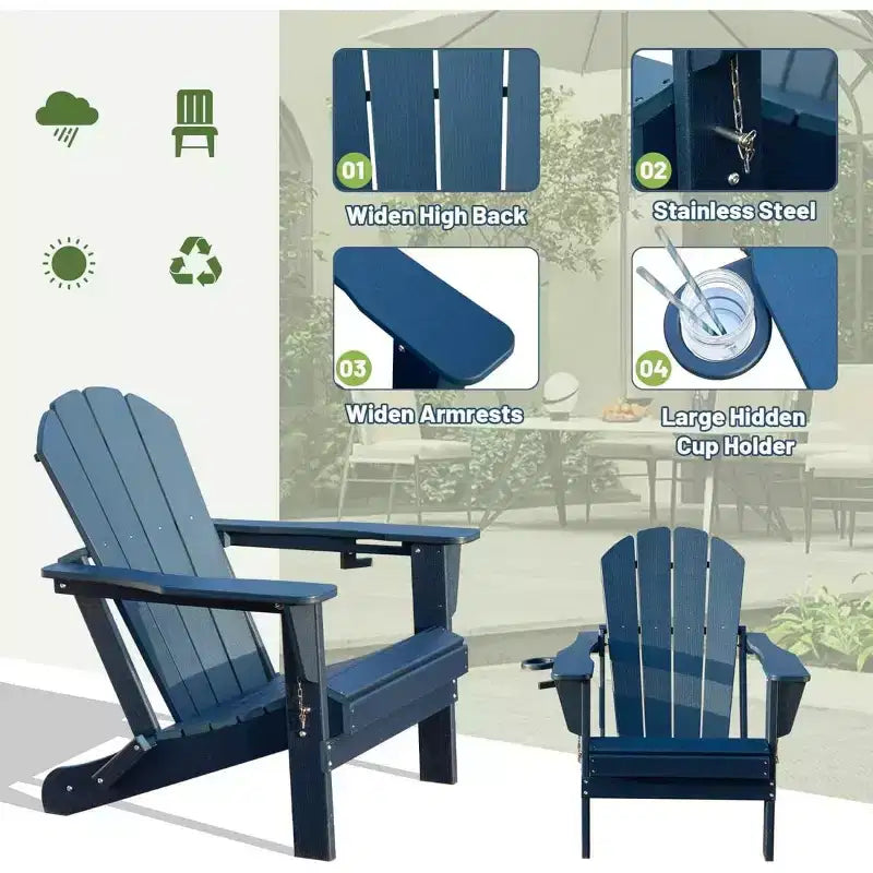 Set di 2 sedie Adirondack con portabicchieri, sedie Adirondack pieghevoli in plastica, sedie da esterno per tutte le stagioni per cortile, a bordo piscina-Panipeachy