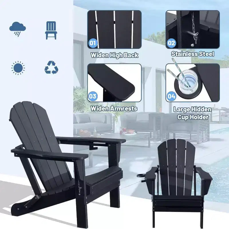 Set di 2 sedie Adirondack con portabicchieri, sedie Adirondack pieghevoli in plastica, sedie da esterno per tutte le stagioni per cortile, a bordo piscina-Panipeachy