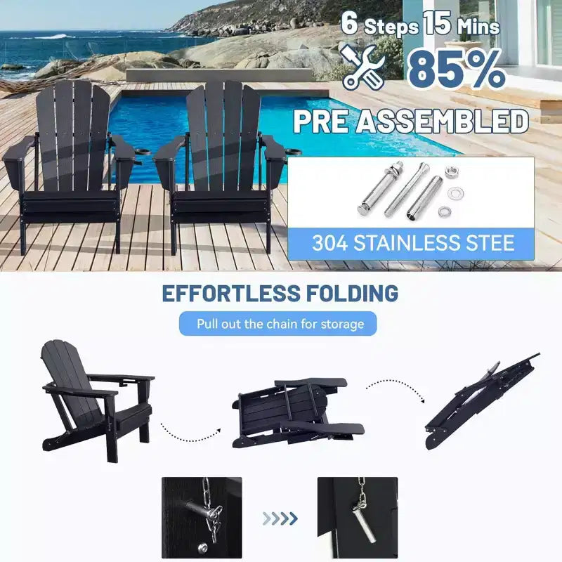 Set di 2 sedie Adirondack con portabicchieri, sedie Adirondack pieghevoli in plastica, sedie da esterno per tutte le stagioni per cortile, a bordo piscina-Panipeachy