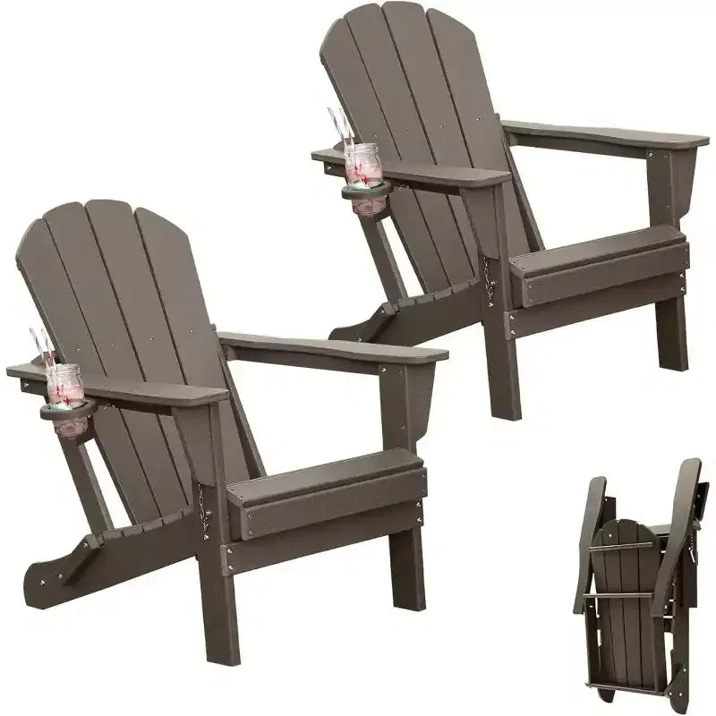 Set di 2 sedie Adirondack con portabicchieri, sedie Adirondack pieghevoli in plastica, sedie da esterno per tutte le stagioni per cortile, a bordo piscina-Panipeachy
