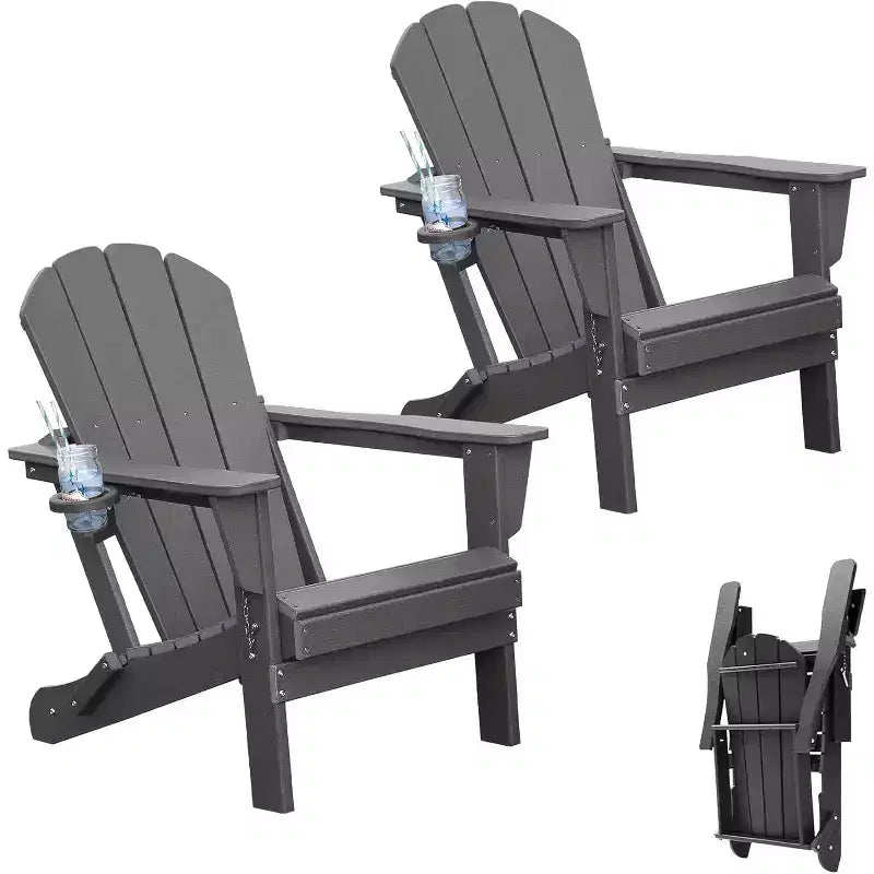 Set di 2 sedie Adirondack con portabicchieri, sedie Adirondack pieghevoli in plastica, sedie da esterno per tutte le stagioni per cortile, a bordo piscina-Panipeachy