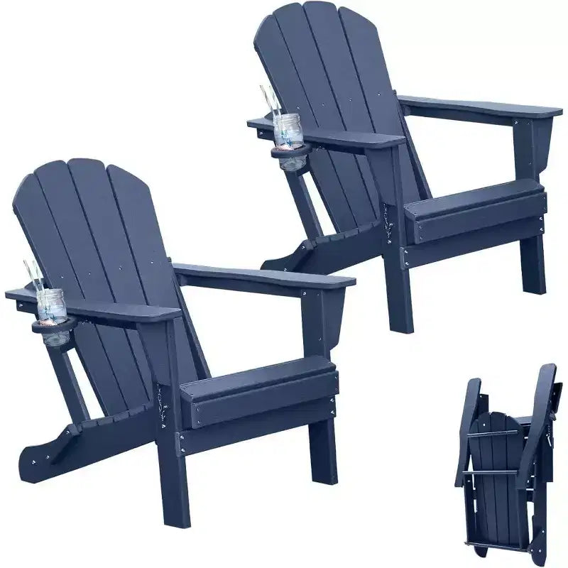 Set di 2 sedie Adirondack con portabicchieri, sedie Adirondack pieghevoli in plastica, sedie da esterno per tutte le stagioni per cortile, a bordo piscina-Panipeachy