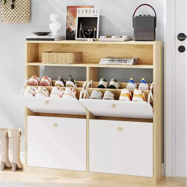 Narrow Wooden Entryway Shoe Cabinet with 4 Flip Drawers & Open Shelf, Freestanding Shoe Storage Organizer for Entryway, Hallway and Bedroom