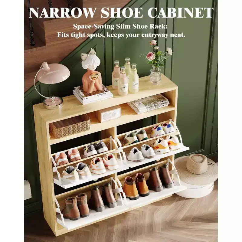 Mobile scarpiera stretto in legno con 4 cassetti a ribalta e ripiano aperto, organizer portatile per scarpe da ingresso, corridoio e camera da letto