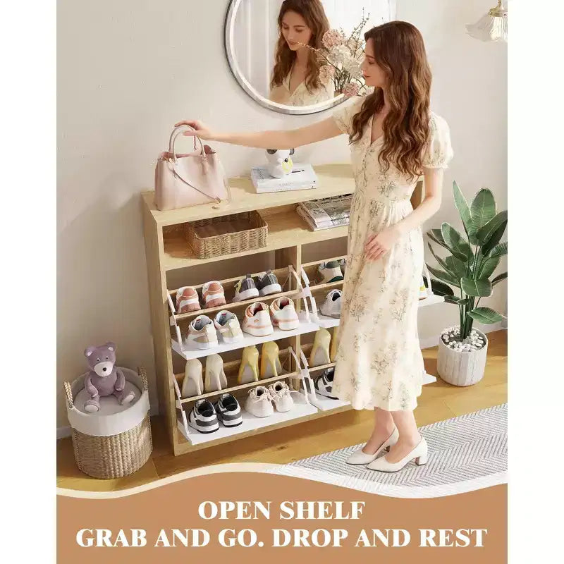 Narrow Wooden Entryway Shoe Cabinet with 4 Flip Drawers & Open Shelf, Freestanding Shoe Storage Organizer for Entryway, Hallway and Bedroom