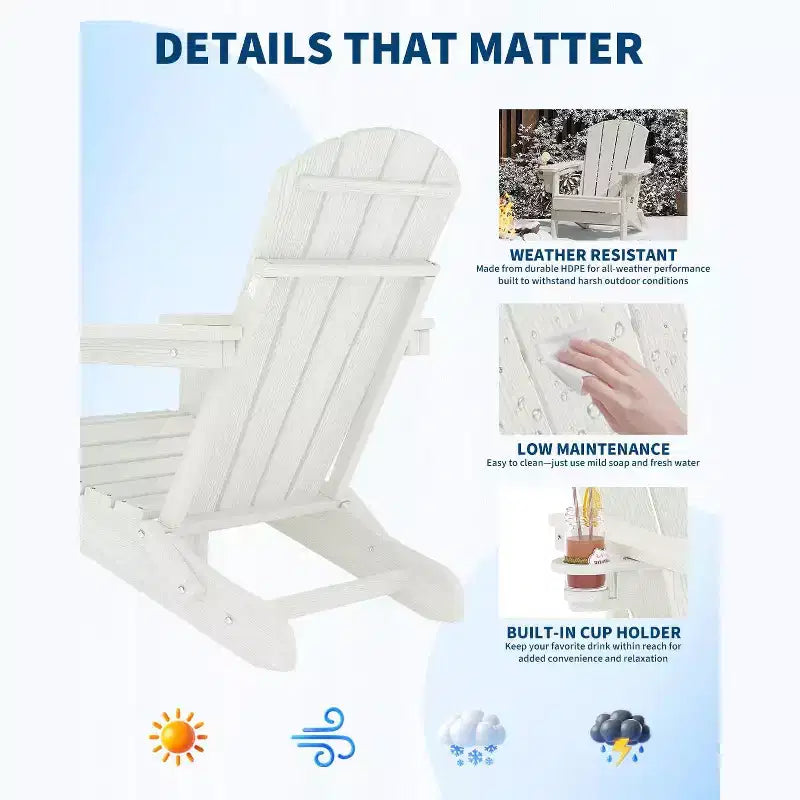 Chaise de patio Adirondack pliable | PEHD résistant aux intempéries, capacité de 172 kg | Pliable et durable avec texture grain de bois | Idéal pour terrasse, pelouse