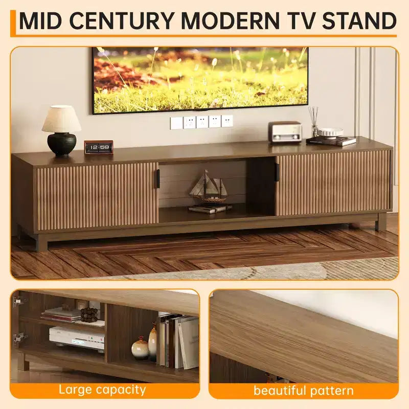 Fluted Under TV Cabinet, Mid Century Modern TV Stand with Open-Shelf Storage, Wooden TV Stands for Living Room Apartment, Walnut