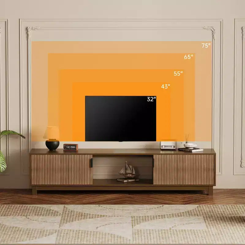 Mobile TV a doghe, porta TV moderno di metà secolo con ripiani aperti, porta TV in legno per soggiorno appartamento, noce