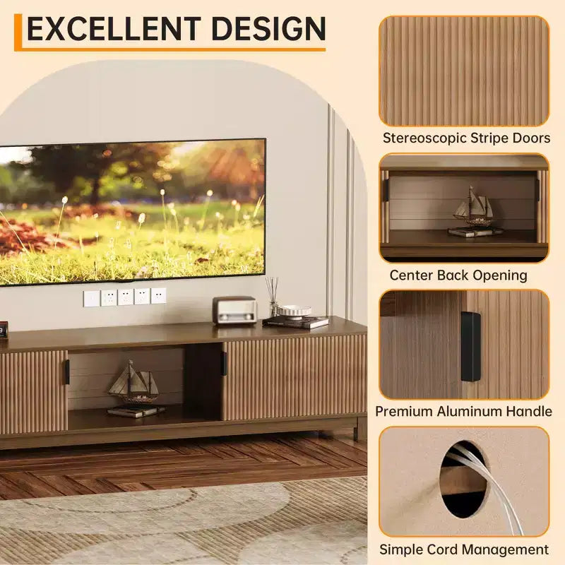 Mobile TV a doghe, porta TV moderno di metà secolo con ripiani aperti, porta TV in legno per soggiorno appartamento, noce