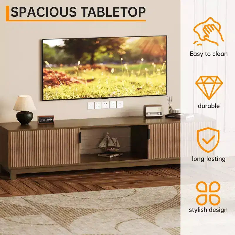 Mobile TV a doghe, porta TV moderno di metà secolo con ripiani aperti, porta TV in legno per soggiorno appartamento, noce