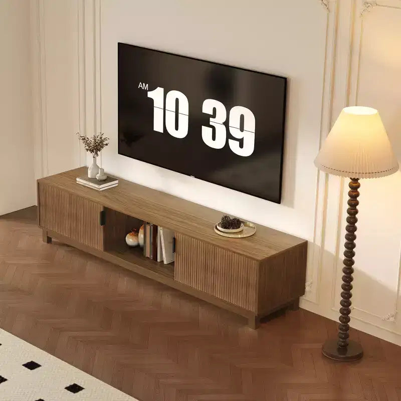 Mobile TV a doghe, porta TV moderno di metà secolo con ripiani aperti, porta TV in legno per soggiorno appartamento, noce