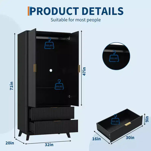 Armoire penderie en bois de 71 po avec 2 portes, tringle à vêtements, étagère réglable et 2 tiroirs, armoire de rangement autoportante pour chambre ou salle de sport