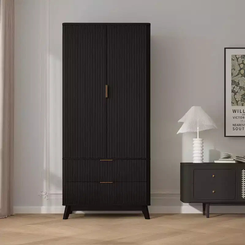 71 Wood Wardrobe Armoire with 2 Doors, Hanging Rod, Adjustable Shelf & 2 Drawers, Freestanding Bedroom Gym Closet Cabinet
