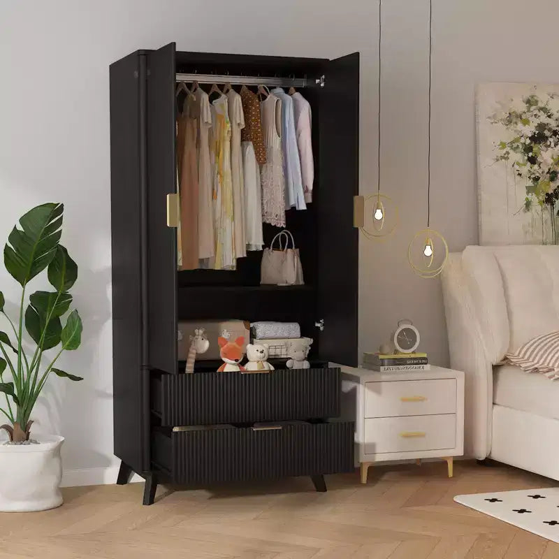 71 Wood Wardrobe Armoire with 2 Doors, Hanging Rod, Adjustable Shelf & 2 Drawers, Freestanding Bedroom Gym Closet Cabinet
