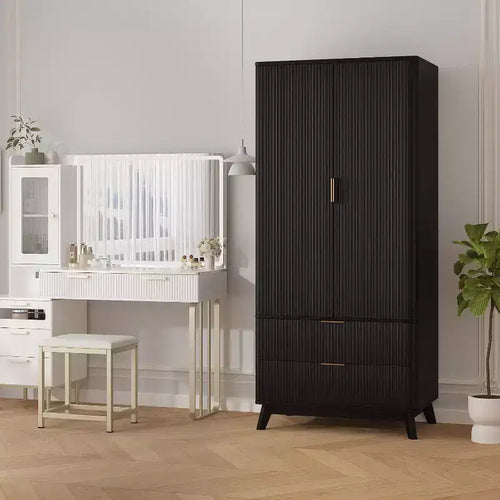 71 Wood Wardrobe Armoire with 2 Doors, Hanging Rod, Adjustable Shelf & 2 Drawers, Freestanding Bedroom Gym Closet Cabinet