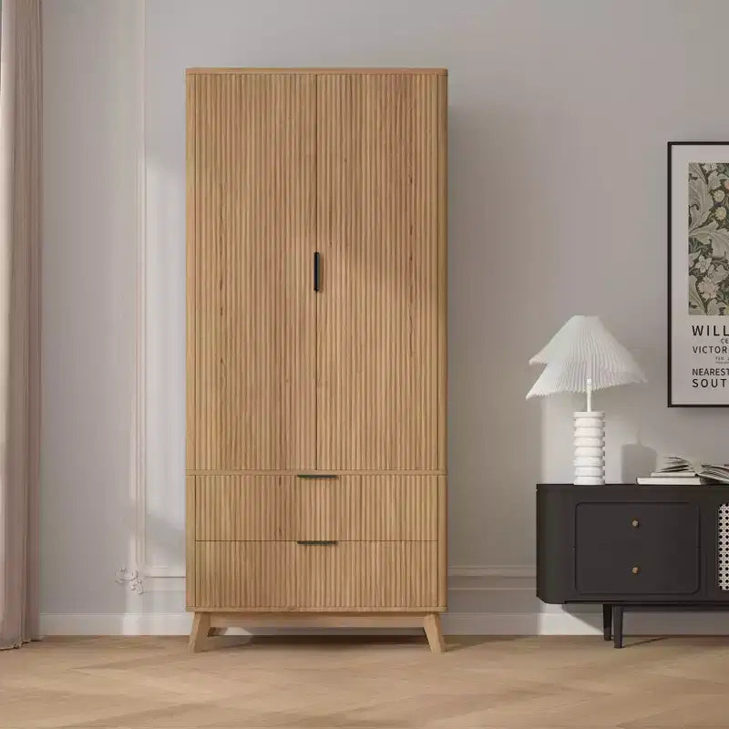 71 Wood Wardrobe Armoire with 2 Doors, Hanging Rod, Adjustable Shelf & 2 Drawers, Freestanding Bedroom Gym Closet Cabinet