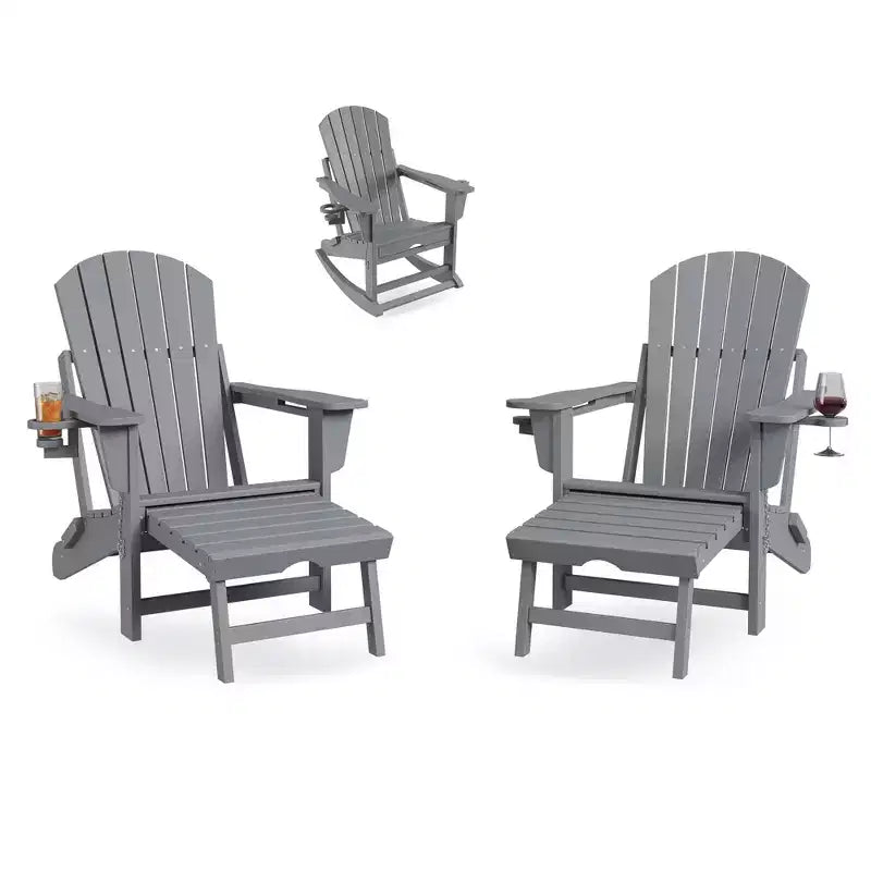 Folding Adirondack Rocking Chair Set  Outdoor Patio Rockers with Retractable Ottoman, Footrest & Cup Holder, Garden Chair for Lawn, Porch  2 Pack