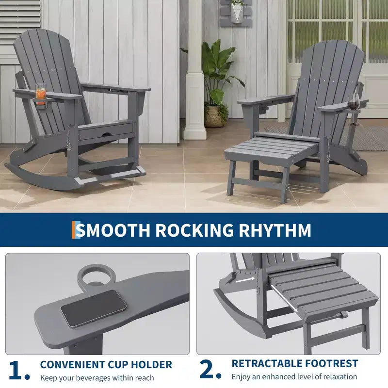 Set di sedie a dondolo Adirondack pieghevoli da esterno con poggiapiedi estraibile e portabicchieri, sedie da giardino per prato, portico - Confezione da 2