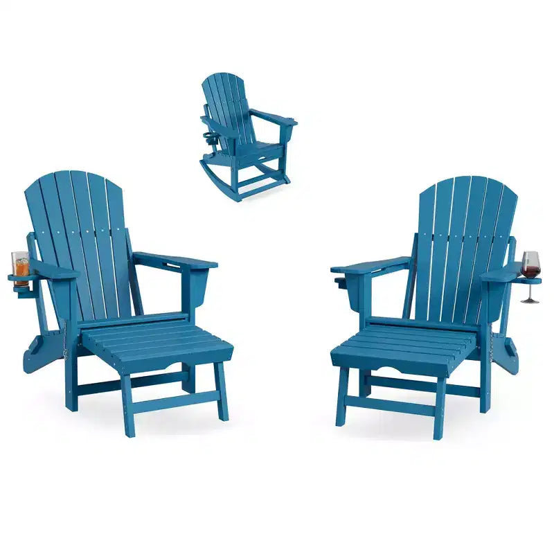 Adirondack Outdoor Rocking Chairs with Two Cup Holders, HDPE All Weather Outdoor Adirondacks Rocking Chair with Retractable Ottoman