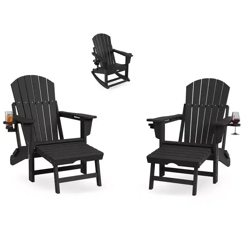Sdraio a Dondolo da Esterno Adirondack con Due Portabicchieri, Sedia a Dondolo Adirondack da Esterno per Tutte le Stagioni in HDPE con Poggiapiedi Retraibile