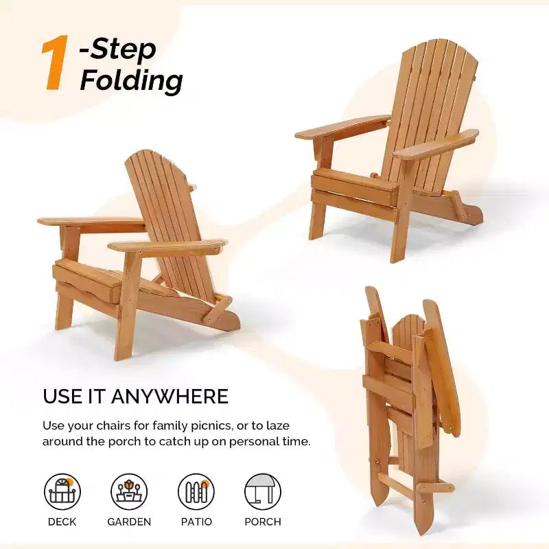 VINGLI Sedie Adirondack Pieghevoli Set da 2, Sedie Adirondack in Legno per Esterni, Sedie Pieghevoli per Focolare per Patio, Barbecue, Portico, Cortile, Piscina