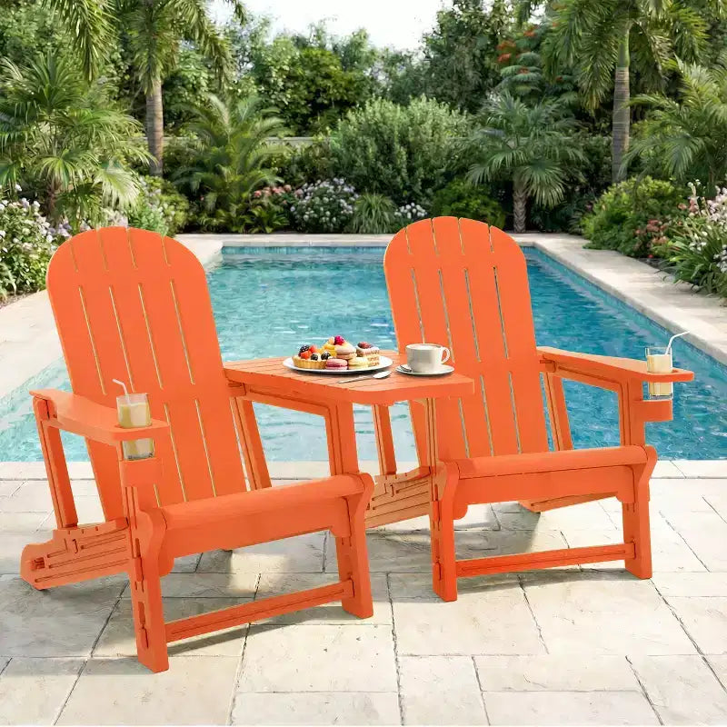 Ensemble de chaises Adirondack Celebalcony avec plateau de table amovible et trou pour parasol, chaises d'extérieur en plastique HDPE toutes saisons pour terrasse et piscine