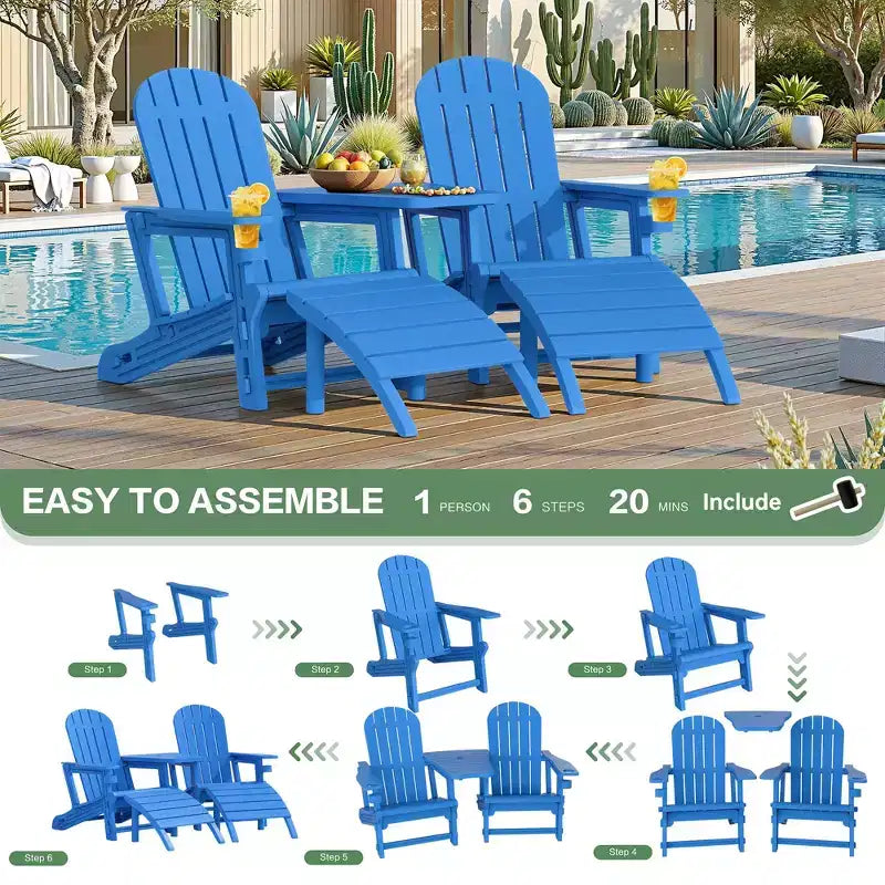 Set di sedie Adirondack Celebalcony con foro per ombrellone, vassoio rimovibile e 2 poggiapiedi curvi, sedie da esterno in plastica HDPE per patio e piscina
