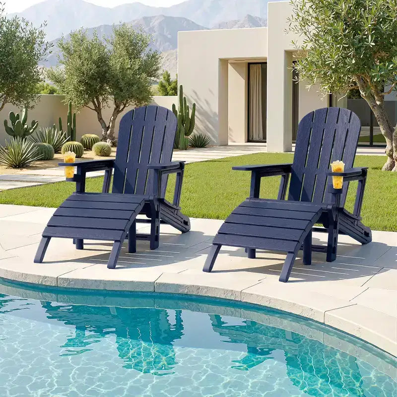 Set di sedie Adirondack Celebalcony con foro per ombrellone, vassoio rimovibile e 2 poggiapiedi curvi, sedie da esterno in plastica HDPE per patio e piscina