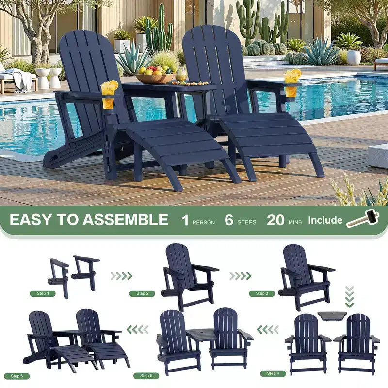 Set di sedie Adirondack Celebalcony con foro per ombrellone, vassoio rimovibile e 2 poggiapiedi curvi, sedie da esterno in plastica HDPE per patio e piscina