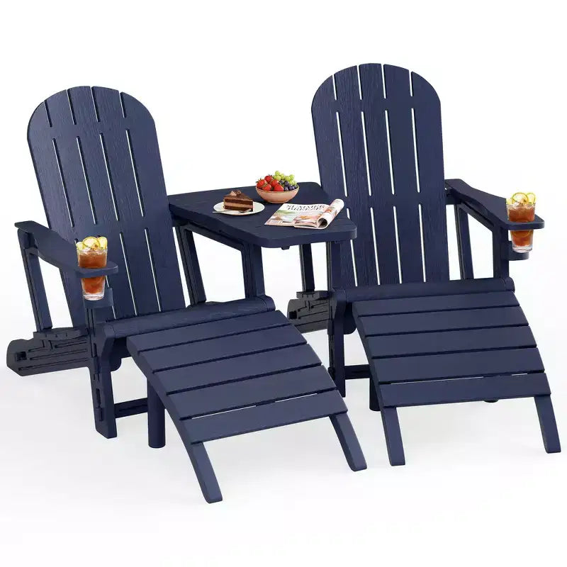 Set di sedie Adirondack Celebalcony con foro per ombrellone, vassoio rimovibile e 2 poggiapiedi curvi, sedie da esterno in plastica HDPE per patio e piscina