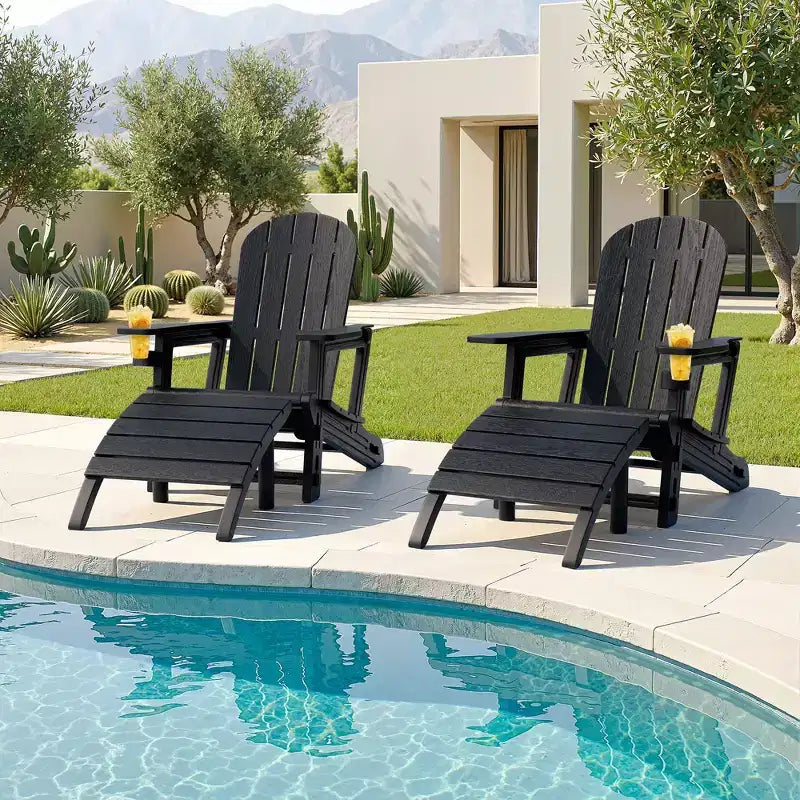 Set di sedie Adirondack Celebalcony con foro per ombrellone, vassoio rimovibile e 2 poggiapiedi curvi, sedie da esterno in plastica HDPE per patio e piscina