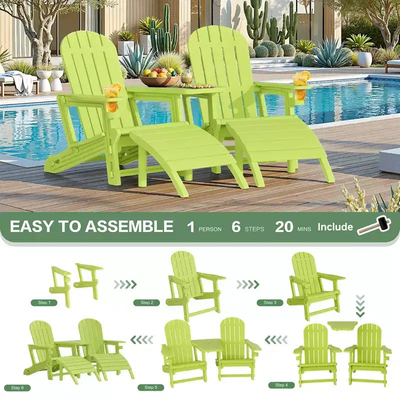 Set di sedie Adirondack Celebalcony con foro per ombrellone, vassoio rimovibile e 2 poggiapiedi curvi, sedie da esterno in plastica HDPE per patio e piscina