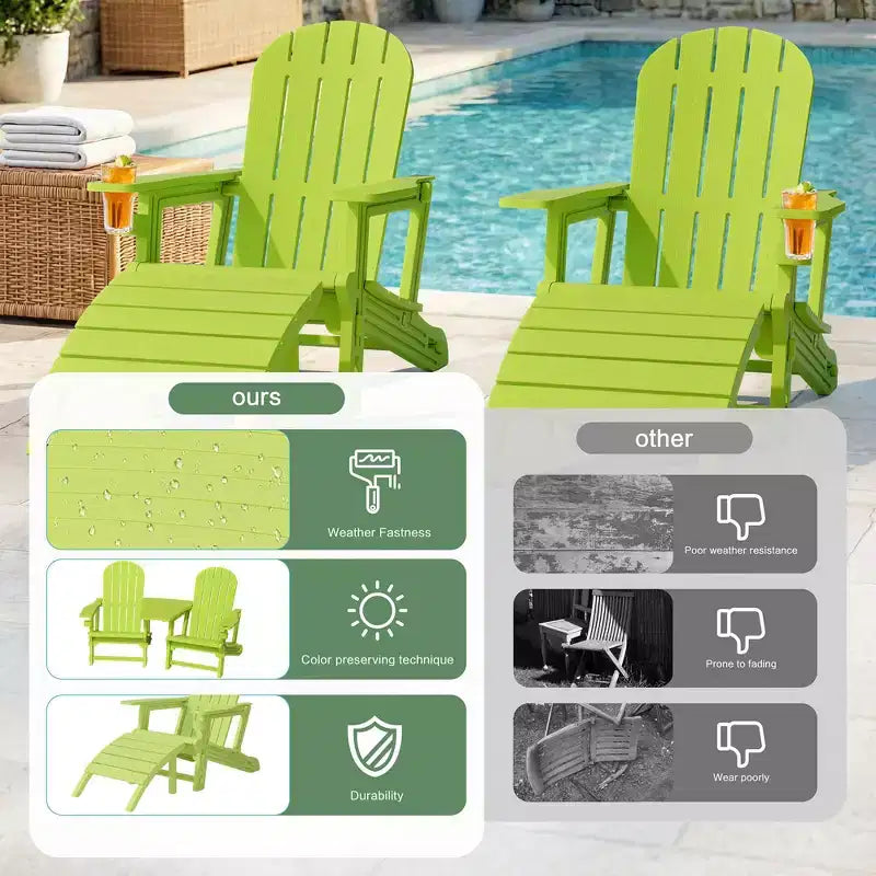 Set di sedie Adirondack Celebalcony con foro per ombrellone, vassoio rimovibile e 2 poggiapiedi curvi, sedie da esterno in plastica HDPE per patio e piscina