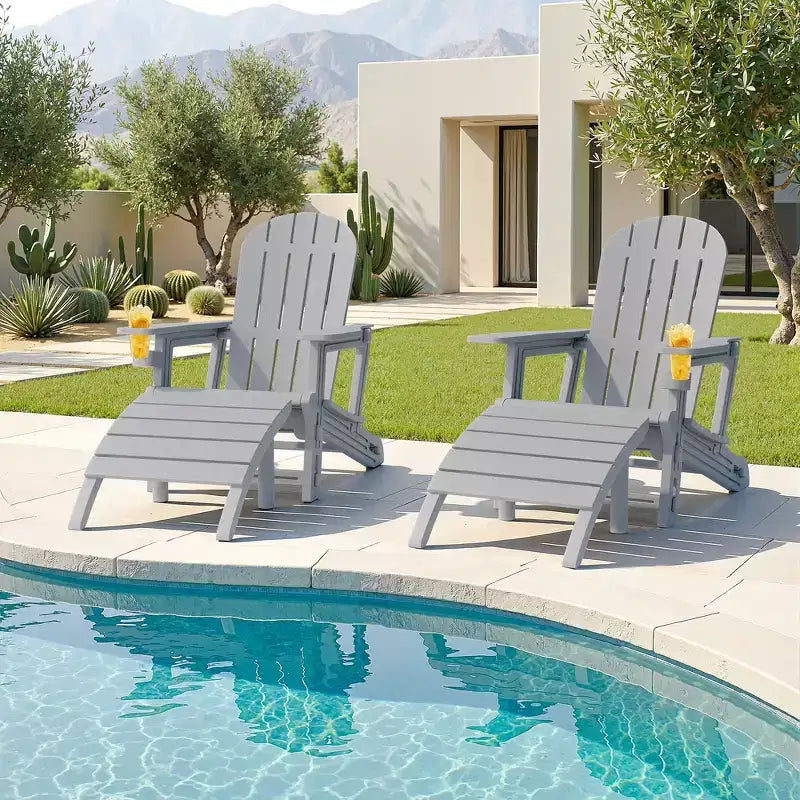 Set di sedie Adirondack Celebalcony con foro per ombrellone, vassoio rimovibile e 2 poggiapiedi curvi, sedie da esterno in plastica HDPE per patio e piscina