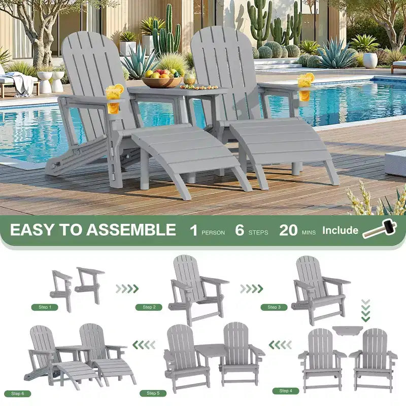 Set di sedie Adirondack Celebalcony con foro per ombrellone, vassoio rimovibile e 2 poggiapiedi curvi, sedie da esterno in plastica HDPE per patio e piscina