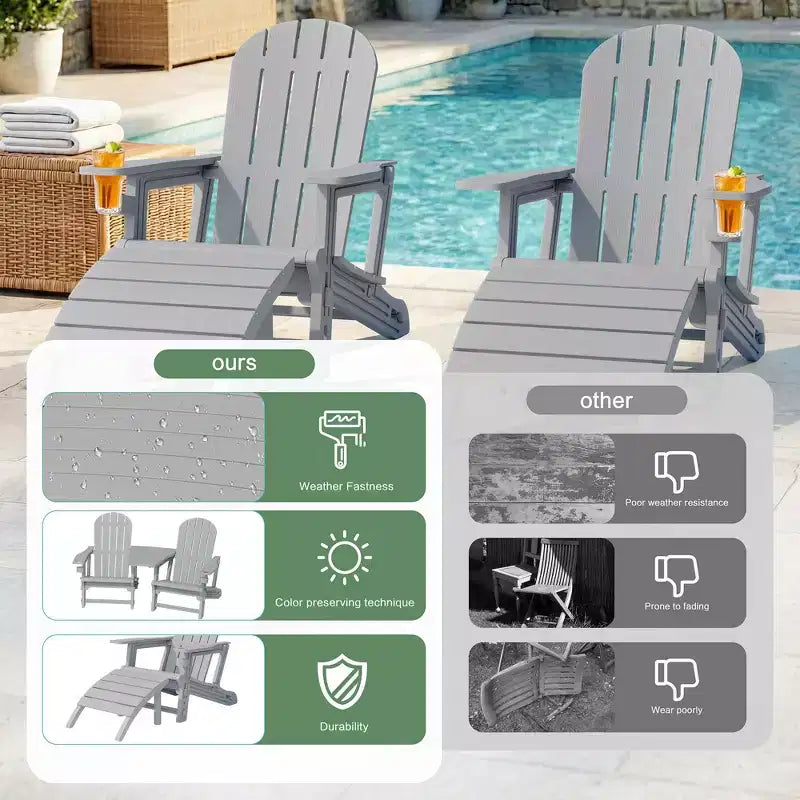 Set di sedie Adirondack Celebalcony con foro per ombrellone, vassoio rimovibile e 2 poggiapiedi curvi, sedie da esterno in plastica HDPE per patio e piscina