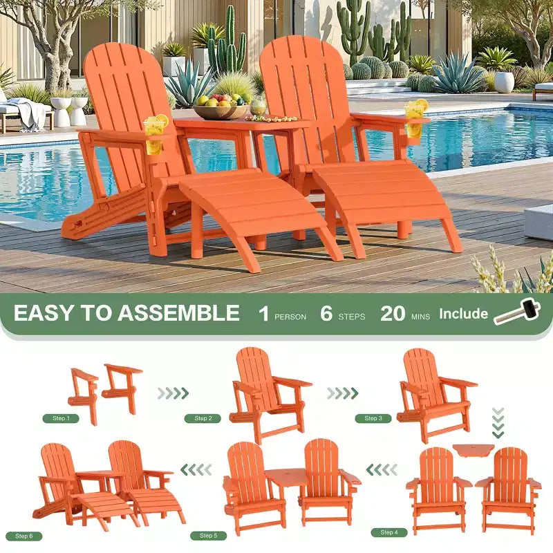 Set di sedie Adirondack Celebalcony con foro per ombrellone, vassoio rimovibile e 2 poggiapiedi curvi, sedie da esterno in plastica HDPE per patio e piscina
