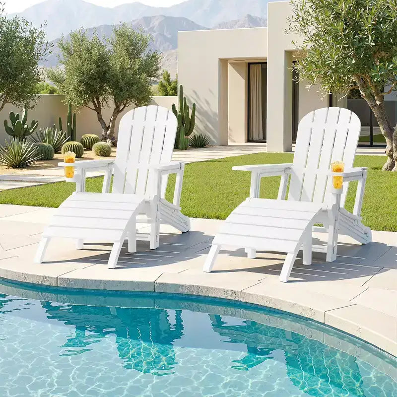 Set di sedie Adirondack Celebalcony con foro per ombrellone, vassoio rimovibile e 2 poggiapiedi curvi, sedie da esterno in plastica HDPE per patio e piscina