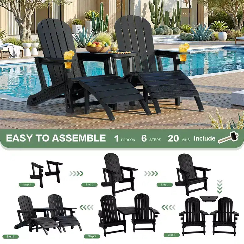 Set di sedie Adirondack Celebalcony con foro per ombrellone, vassoio rimovibile e 2 poggiapiedi curvi, sedie da esterno in plastica HDPE per patio e piscina