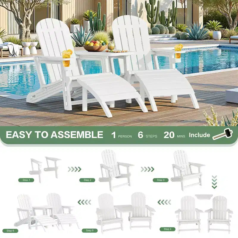 Set di sedie Adirondack Celebalcony con foro per ombrellone, vassoio rimovibile e 2 poggiapiedi curvi, sedie da esterno in plastica HDPE per patio e piscina
