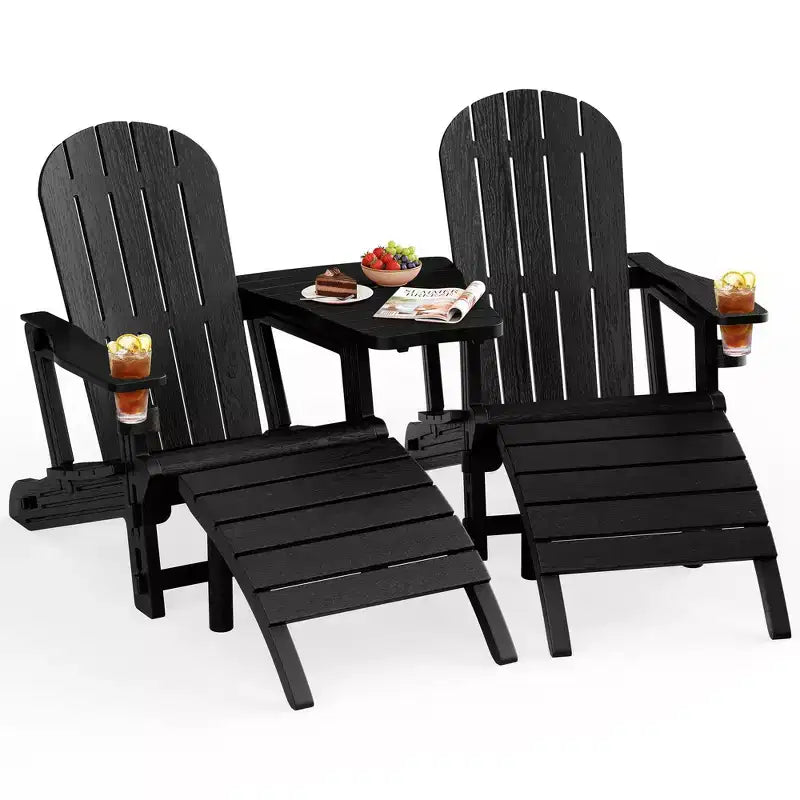 Set di sedie Adirondack Celebalcony con foro per ombrellone, vassoio rimovibile e 2 poggiapiedi curvi, sedie da esterno in plastica HDPE per patio e piscina