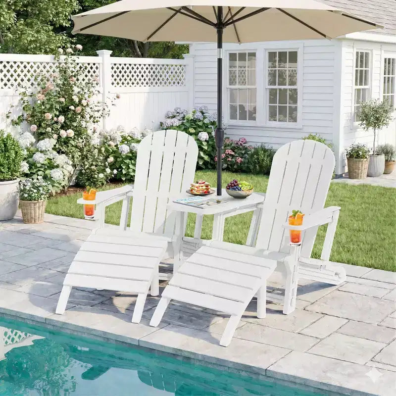 Ensemble de chaises Adirondack Celebalcony avec trou pour parasol, plateau amovible et 2 poufs incurvés, chaises d'extérieur en plastique HDPE pour patio et piscine