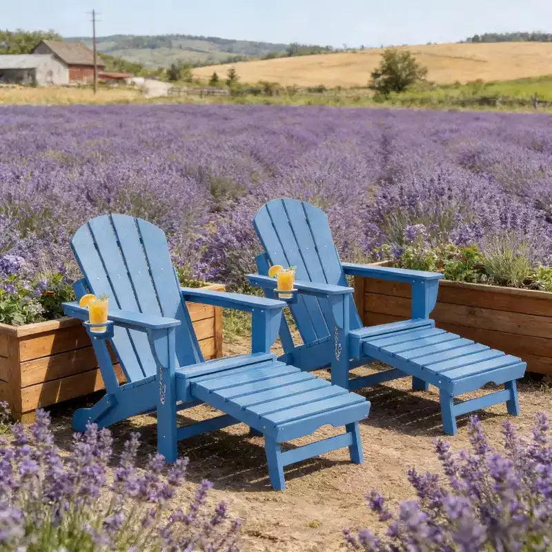 Set di 2 sedie pieghevoli Adirondack da falò con poggiapiedi a scomparsa, comfort extra-large, portabicchieri, sedute da patio per esterni in HDPE per tutte le stagioni-Panipeachy
