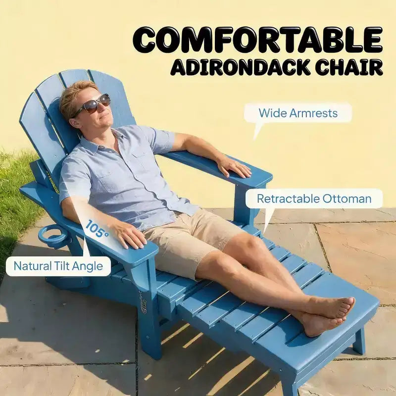 Set di 2 sedie pieghevoli Adirondack da falò con poggiapiedi a scomparsa, comfort extra-large, portabicchieri, sedute da patio per esterni in HDPE per tutte le stagioni-Panipeachy